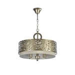 Lampa wisząca Venera 3-punktowa z okrągłym kloszem w kolorze mosiądzu, ozdobiona ażurowym wzorem. Zawieszona na metalowym łańcuchu, z trzema źródłami światła w centralnej części. Zawieszenie w stylu klasycznym.