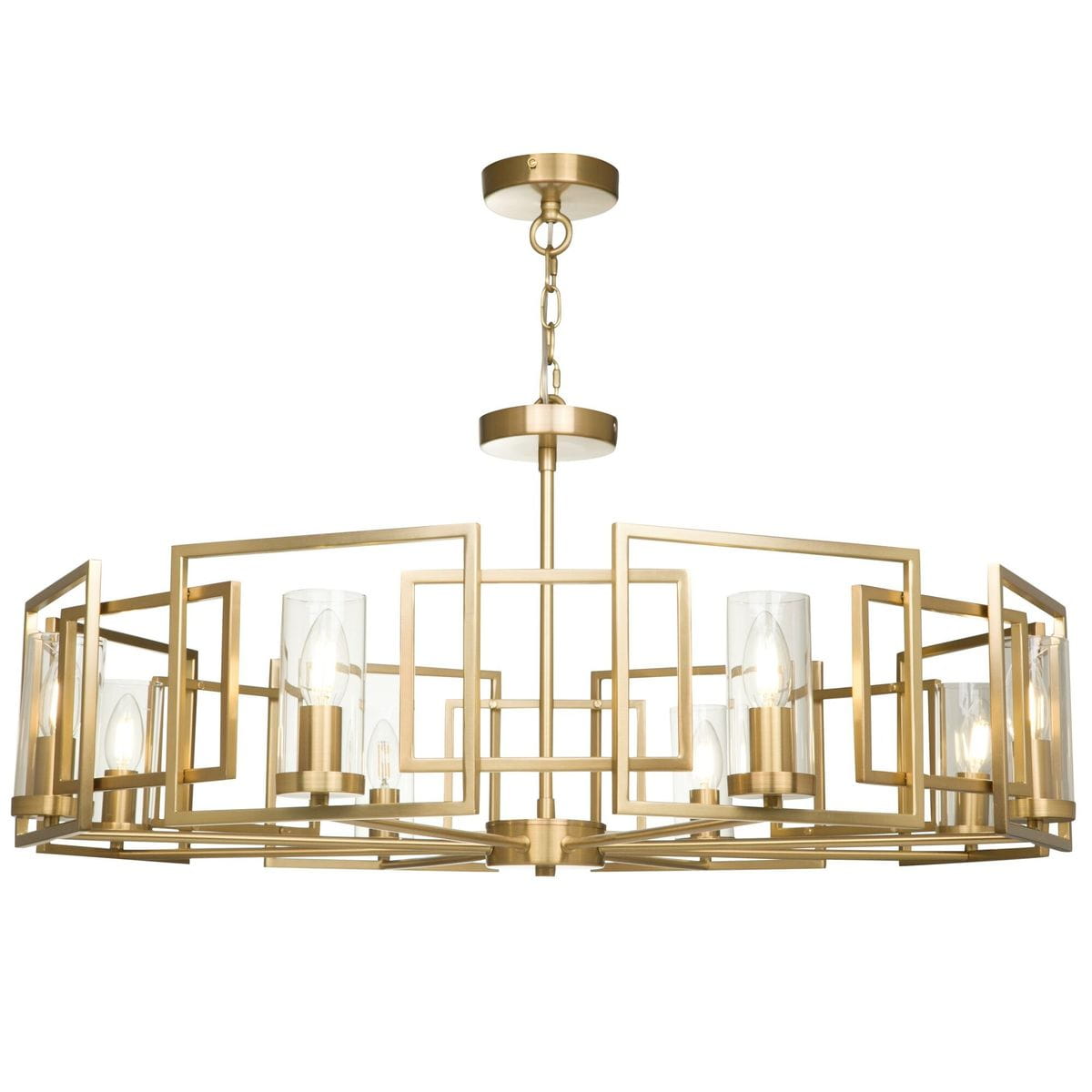 Lampa wisząca Bowi H009PL-08G w złotej kolorystyce z ośmioma punktami świetlnymi. Posiada prostą, geometryczną konstrukcję z przezroczystymi kloszami. Ujęcie z boku, pokazujące detale ramy i zawieszenia.