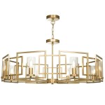 Lampa wisząca Bowi H009PL-08G w złotej kolorystyce z ośmioma punktami świetlnymi. Posiada prostą, geometryczną konstrukcję z przezroczystymi kloszami. Ujęcie z boku, pokazujące detale ramy i zawieszenia.