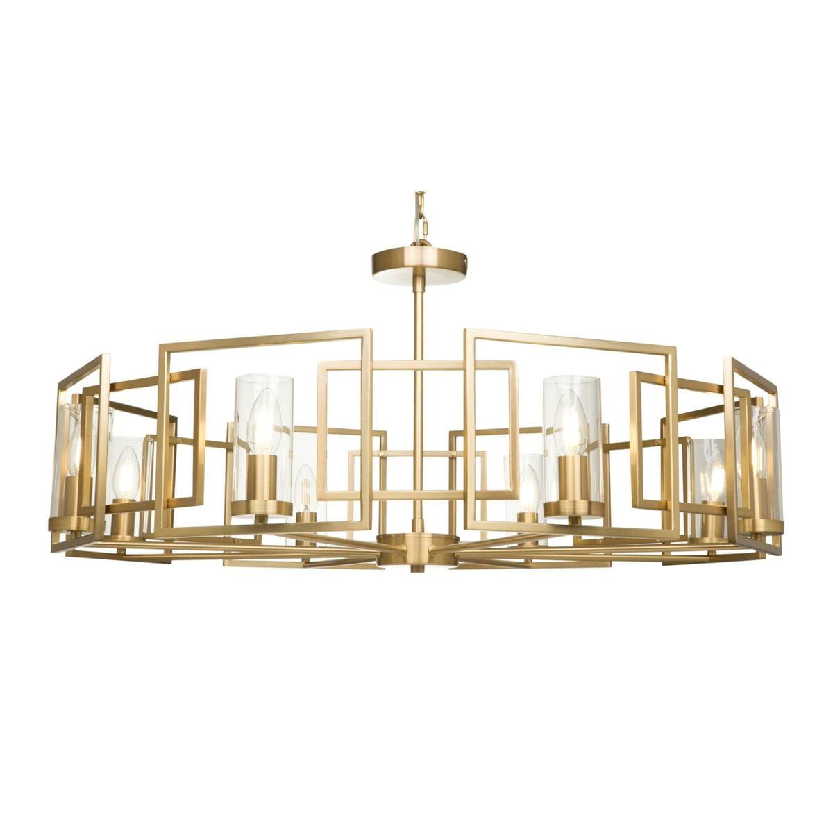 Lampa wisząca Bowi H009PL-08G w kolorze złotym z ośmioma punktami świetlnymi. Geometryczna konstrukcja z metalowymi ramkami i szklanymi kloszami. Ujęcie frontalne, zawieszona na suficie, idealna do nowoczesnych wnętrz.