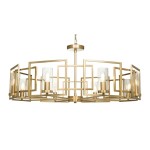 Lampa wisząca Bowi H009PL-08G w kolorze złotym z ośmioma punktami świetlnymi. Geometryczna konstrukcja z metalowymi ramkami i szklanymi kloszami. Ujęcie frontalne, zawieszona na suficie, idealna do nowoczesnych wnętrz.