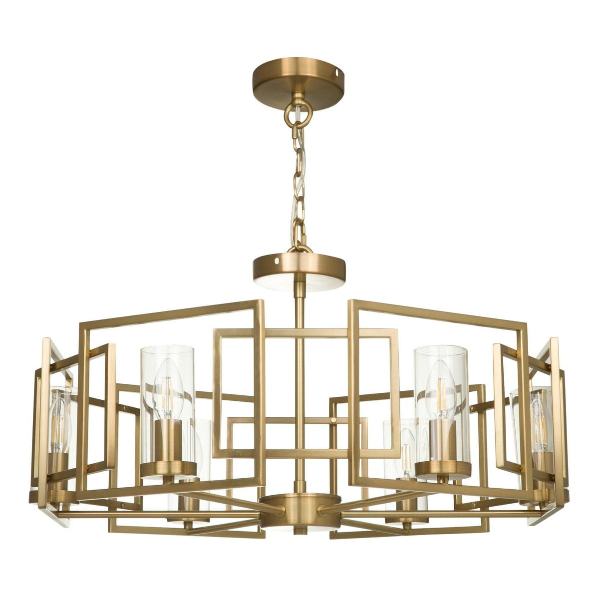 Lampa wisząca Bowi H009PL-06G w kolorze złotym, z sześcioma przezroczystymi kloszami, osadzona na metalowej konstrukcji o geometrycznym kształcie. Zawieszona na łańcuchu, z okrągłym mocowaniem sufitowym.