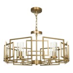 Lampa wisząca Bowi H009PL-06G w kolorze złotym, z sześcioma przezroczystymi kloszami, osadzona na metalowej konstrukcji o geometrycznym kształcie. Zawieszona na łańcuchu, z okrągłym mocowaniem sufitowym.