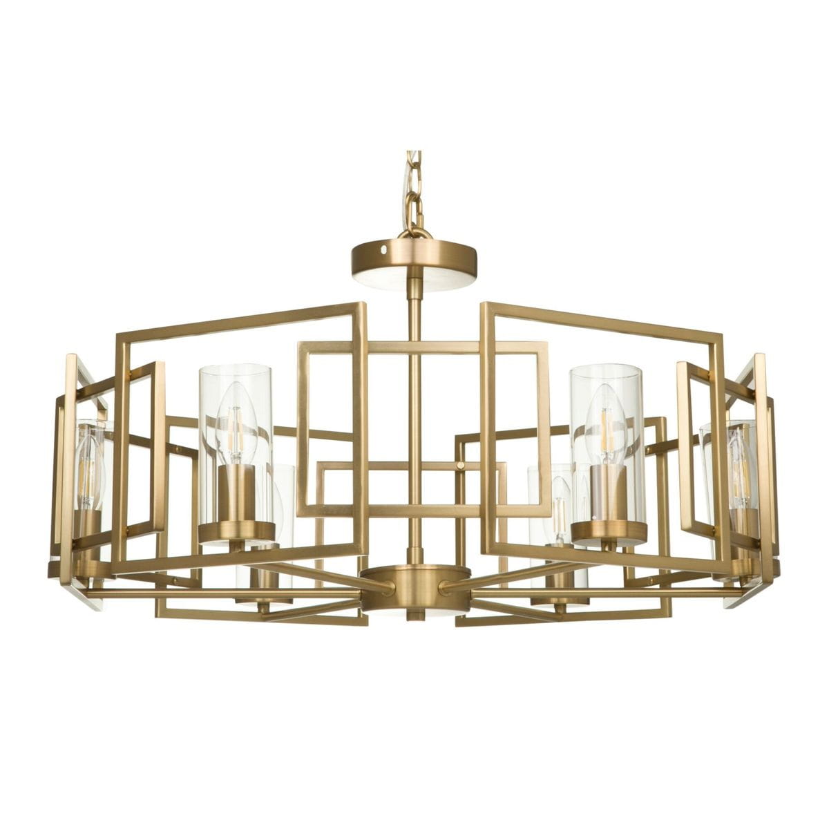 Lampa wisząca Bowi H009PL-06G, sześciopunktowa, w kolorze złotym. Geometryczna konstrukcja z przezroczystymi kloszami, zajmująca centralną pozycję, z metalowym wykończeniem. Zawieszona na łańcuchu, idealna do nowoczesnych wnętrz.