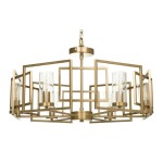 Lampa wisząca Bowi H009PL-06G, sześciopunktowa, w kolorze złotym. Geometryczna konstrukcja z przezroczystymi kloszami, zajmująca centralną pozycję, z metalowym wykończeniem. Zawieszona na łańcuchu, idealna do nowoczesnych wnętrz.
