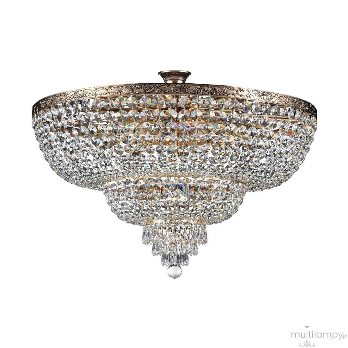 Lampa sufitowa Palace 14-punktowa, okrągła, zdobiona kryształami, w kolorze przezroczystym. Metalowa, złota oprawa z dekoracyjnym brzegiem. Zawieszona w pozycji wiszącej, z efektownymi detalami w postaci zwisających kryształów.