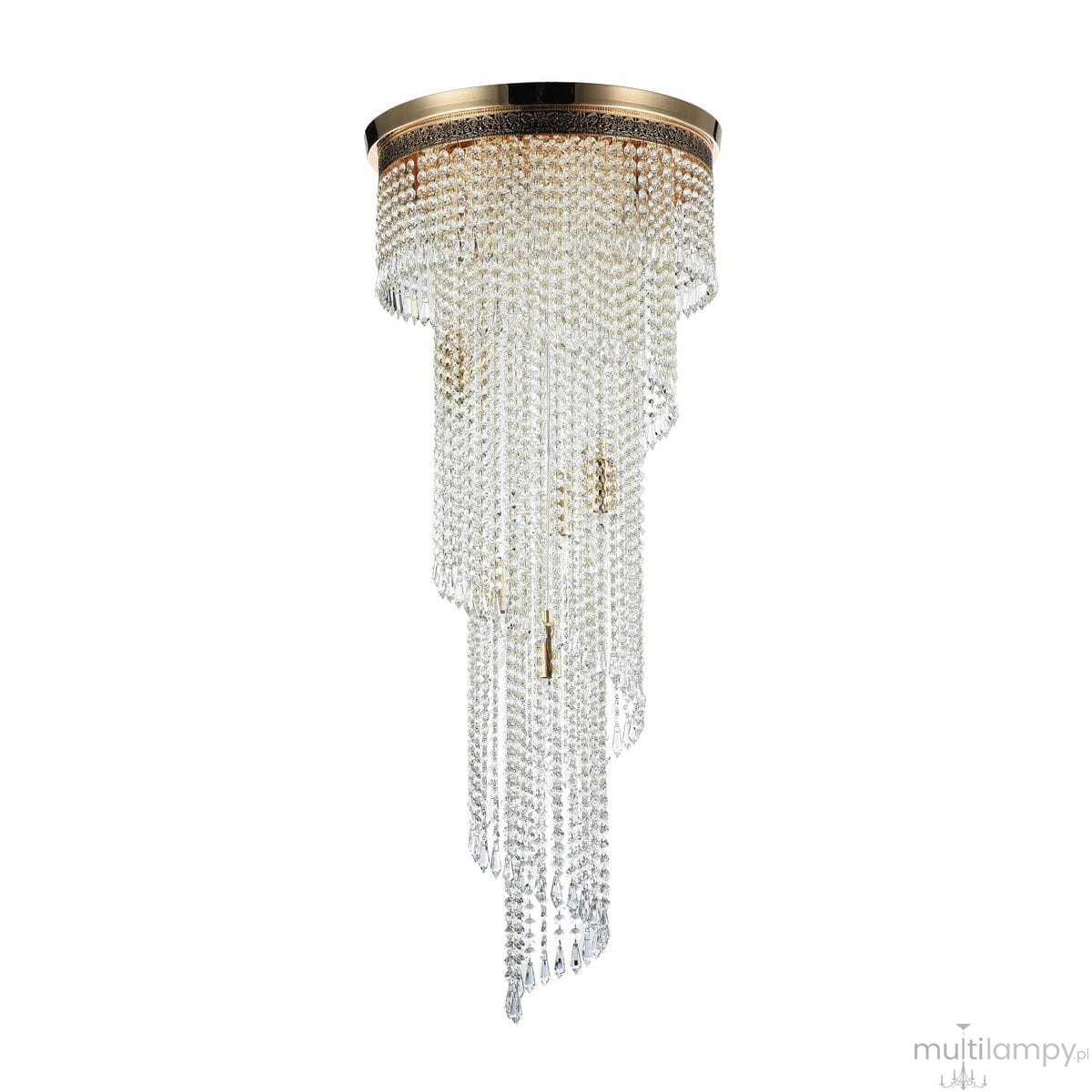Lampa sufitowa Cascade 12-punktowa z metalowym, złotym wykończeniem. Długie, przezroczyste kryształowe elementy zwisają w formie kaskady, tworząc efektowną dekorację. Ujęcie z dołu, pokazujące szczegóły i strukturę kryształów.