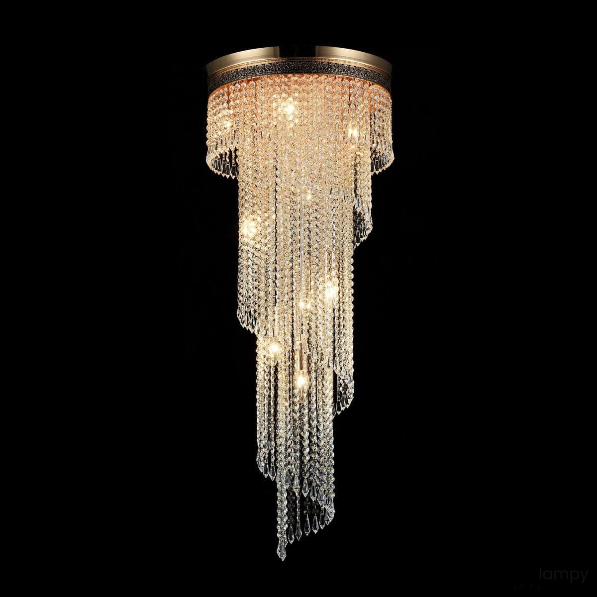 Lampa sufitowa Cascade 12-punktowa z przezroczystymi kryształowymi zwisami, o okrągłej podstawie, z widocznymi źródłami światła. Ujęcie z góry, na czarnym tle, eksponujące elegancki design i efektowne detale.