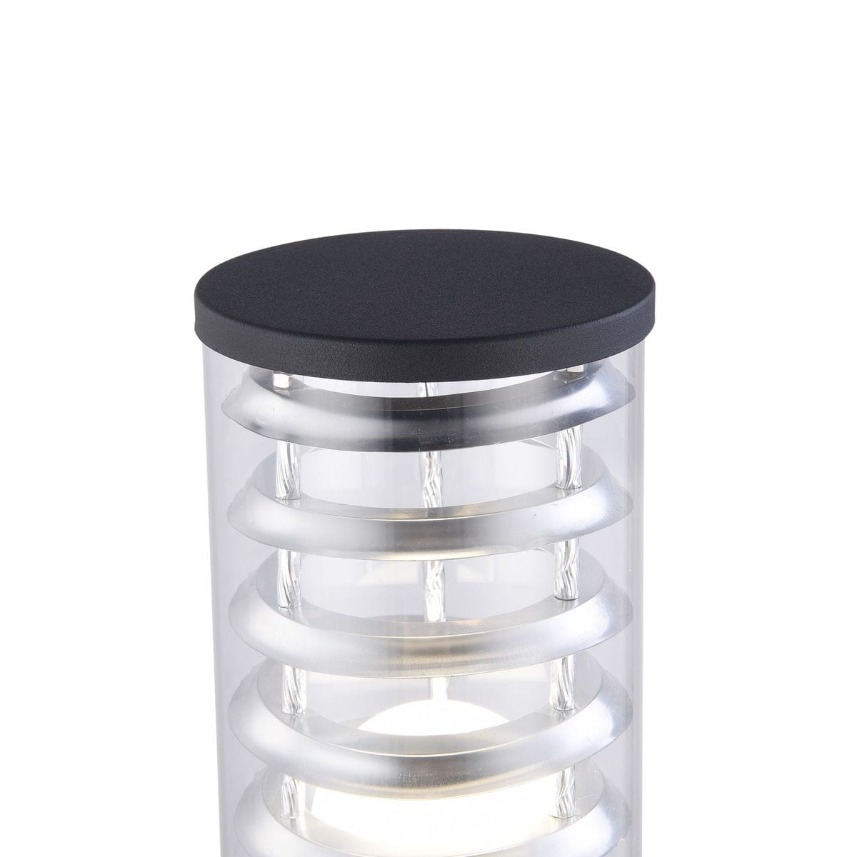 Lampa stojąca ogrodowa Bronx H80 O576FL-01B z okrągłym, czarnym daszkiem i przezroczystą obudową. Widoczne srebrne elementy w formie falistej, podświetlające wnętrze. Zbliżenie na górną część lampy, prezentujące jej nowoczesny design.