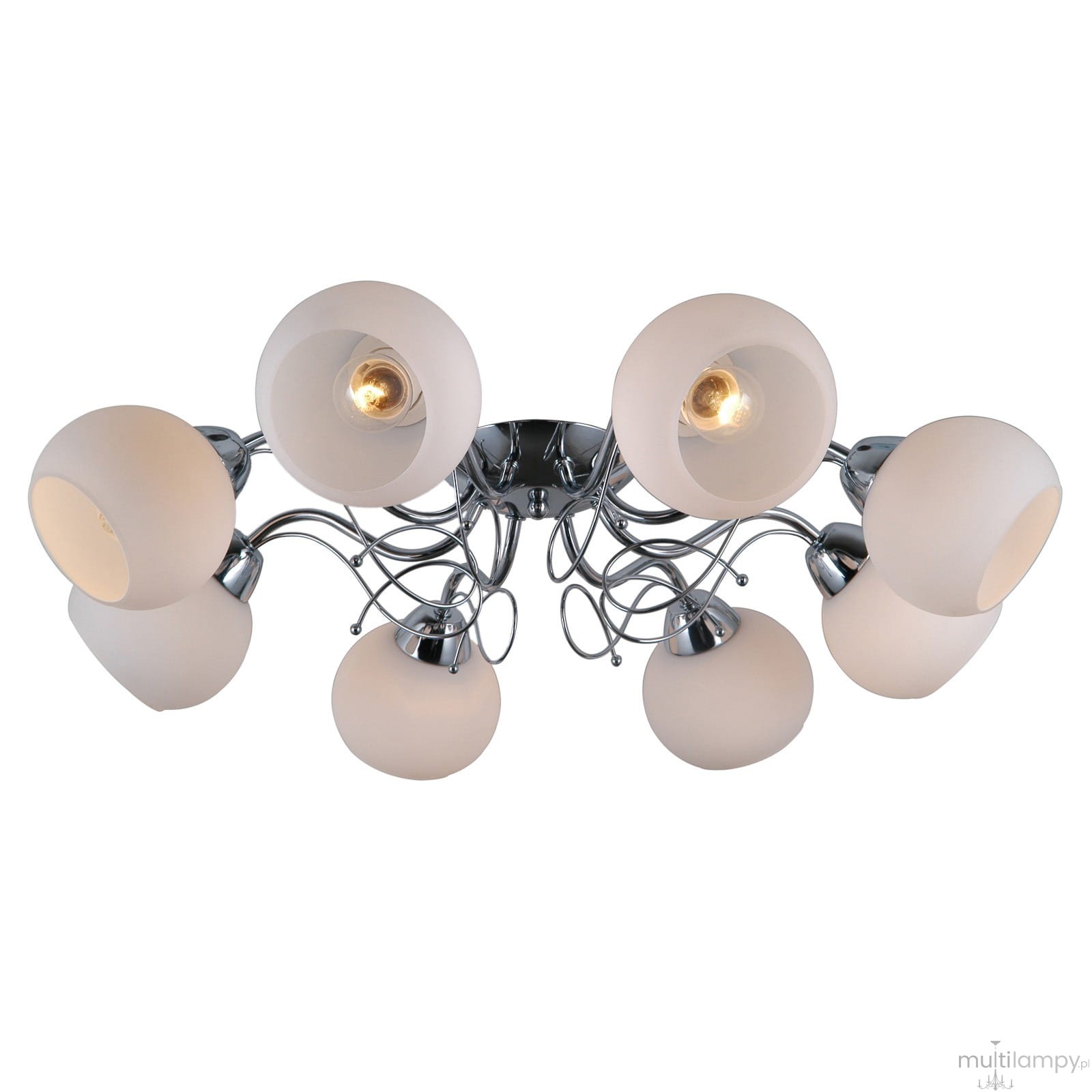 Lampa sufitowa Masseri PND-6895-8 z ośmioma kulistymi kloszami w mlecznym kolorze, zamocowana na chromowanej podstawie. Klosze umieszczone na finezyjnych metalowych ramionach, rozłożone w sposób zapewniający równomierne oświetlenie.