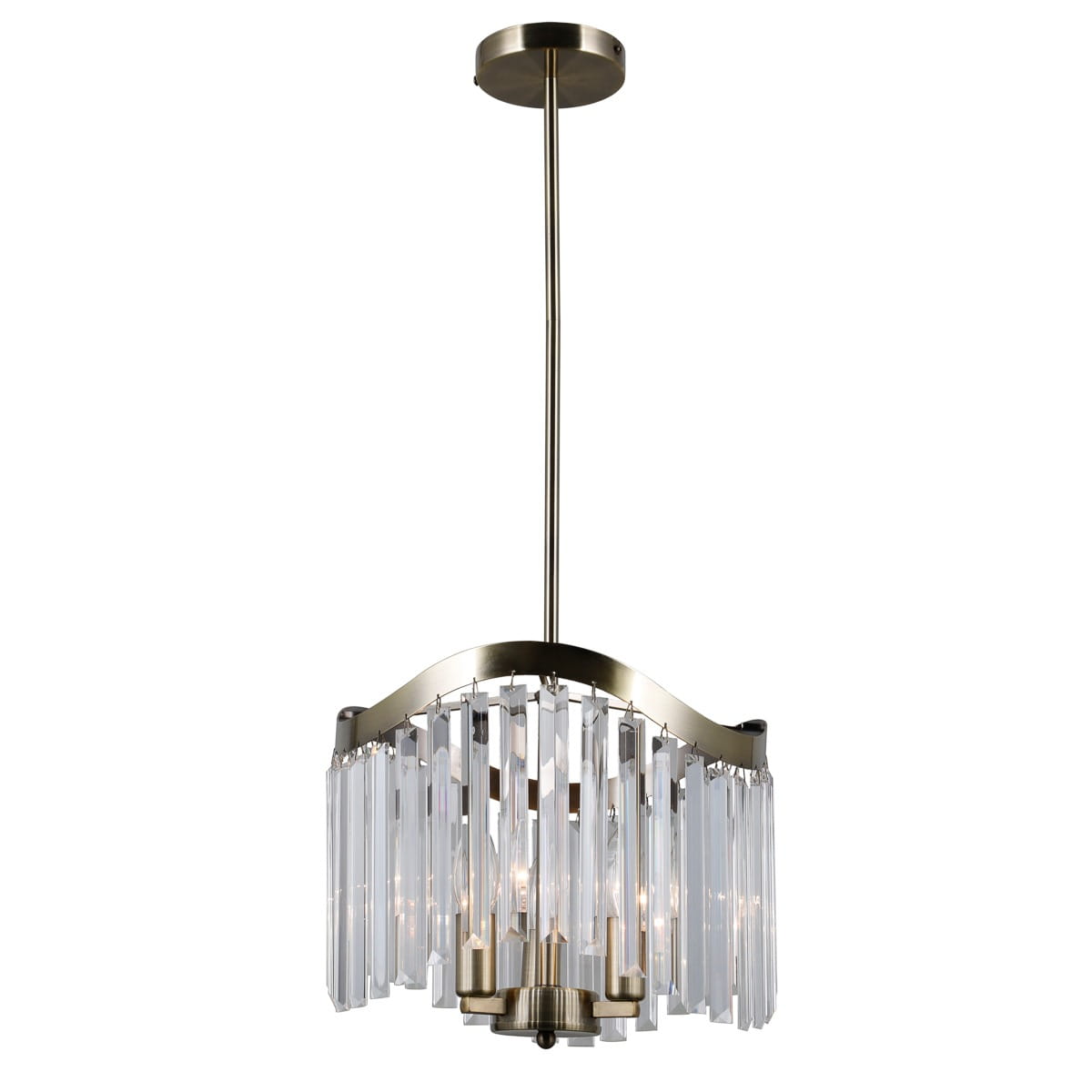 Lampa wisząca Sabriga 3-punktowa PND-44544-3 w kolorze złotym z przezroczystymi, wiszącymi kryształkami. Produkt z eleganckim, falistym kształtem, zawieszony na długim, metalowym stelażu. Idealna do nowoczesnych wnętrz.