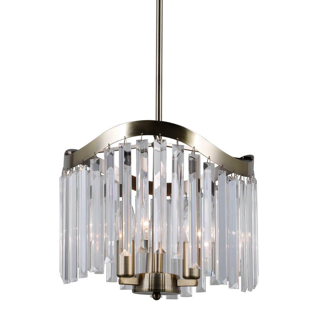 Lampa wisząca Sabriga 3-punktowa o metalowej, złotej konstrukcji i przezroczystych, kryształowych zwisach. Ujęcie z przodu, ukazujące elegancki design i trzy źródła światła w centralnej części. Tło białe, co podkreśla detale lampy.