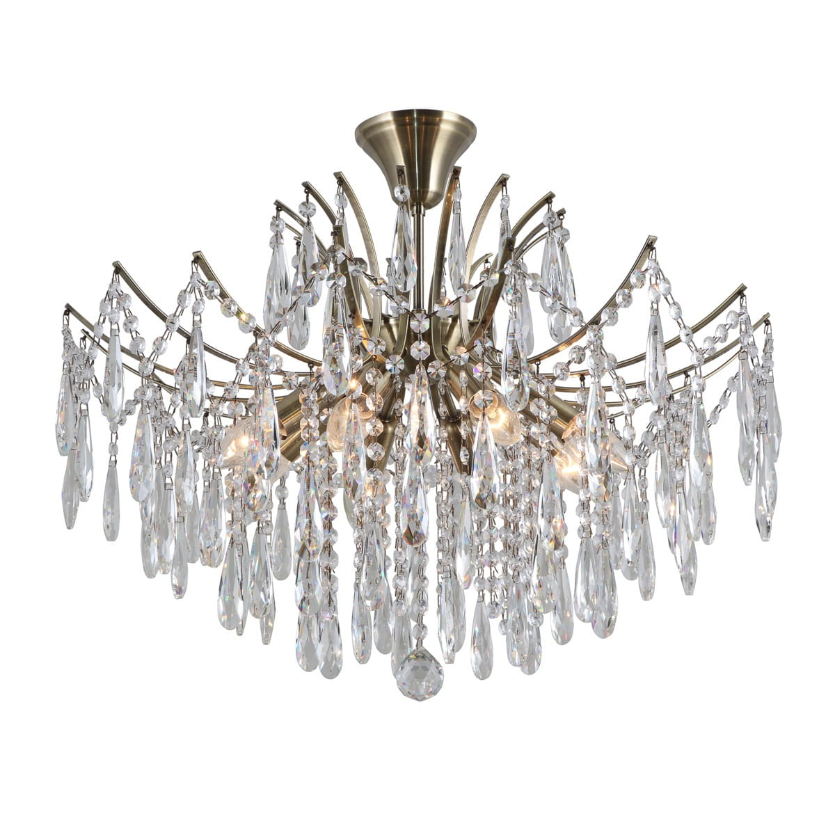 Żyrandol Mallola 8-punktowy PND-56808-8 z chromowanym mocowaniem, ozdobiony kryształowymi zwisami w kształcie kropli. Ujęcie z dołu, ukazujące elegancki design oraz cztery źródła światła, tworzące efektowną iluminację. Tło białe.