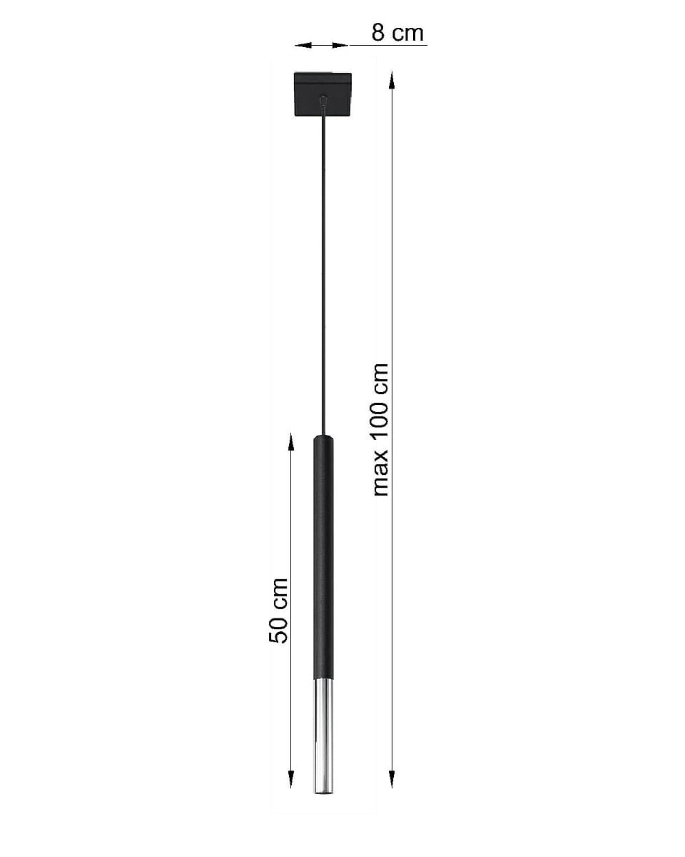 Lampa wisząca Mozaica 1-punktowa, czarna z chromowanym detalem. Ma prostą, cylindryczną formę z długim przewodem. Wymiary: wysokość 50 cm, maksymalnie 100 cm, szerokość 8 cm. Idealna do nowoczesnych wnętrz.