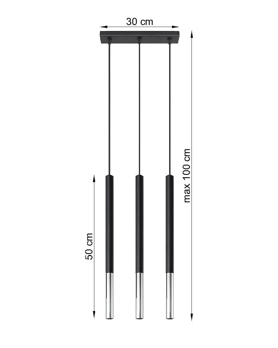 Lampa wisząca 3-punktowa Mozaica w kolorze czarnym i chromowanym, z trzema cylindrycznymi kloszami, zawieszona na czarnych linkach. Wymiary: szerokość 30 cm, wysokość 50 cm (maks. 100 cm). Prosta konstrukcja, idealna do nowoczesnych wnętrz.