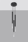 Lampa wisząca Mozaica 3-punktowa w kolorze czarnym i chromowanym, z trzema cylindrycznymi kloszami, zawieszona na czarnych przewodach. Klosze mają matową teksturę z dolnymi, połyskującymi elementami. Montowana na okrągłej, czarnej podstawie.