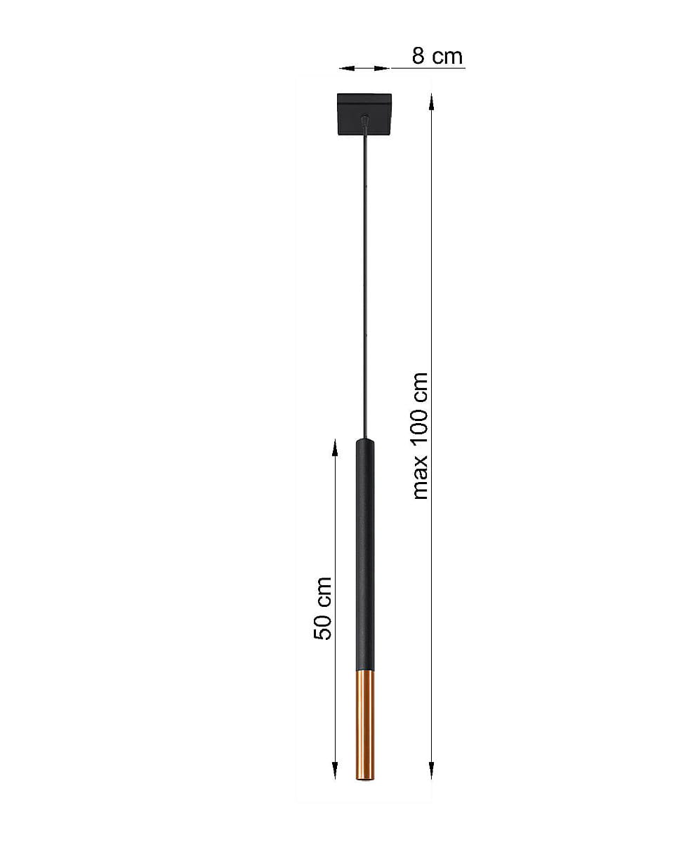 Lampa wisząca Mozaica 1-punktowa, czarna z miedzianym akcentem, o długości 50 cm (maks. 100 cm). Prosty, cylindryczny kształt z czarnym uchwytem i miedzianą podstawą. Kwadratowy, czarny stelaż o wymiarach 8x8 cm.