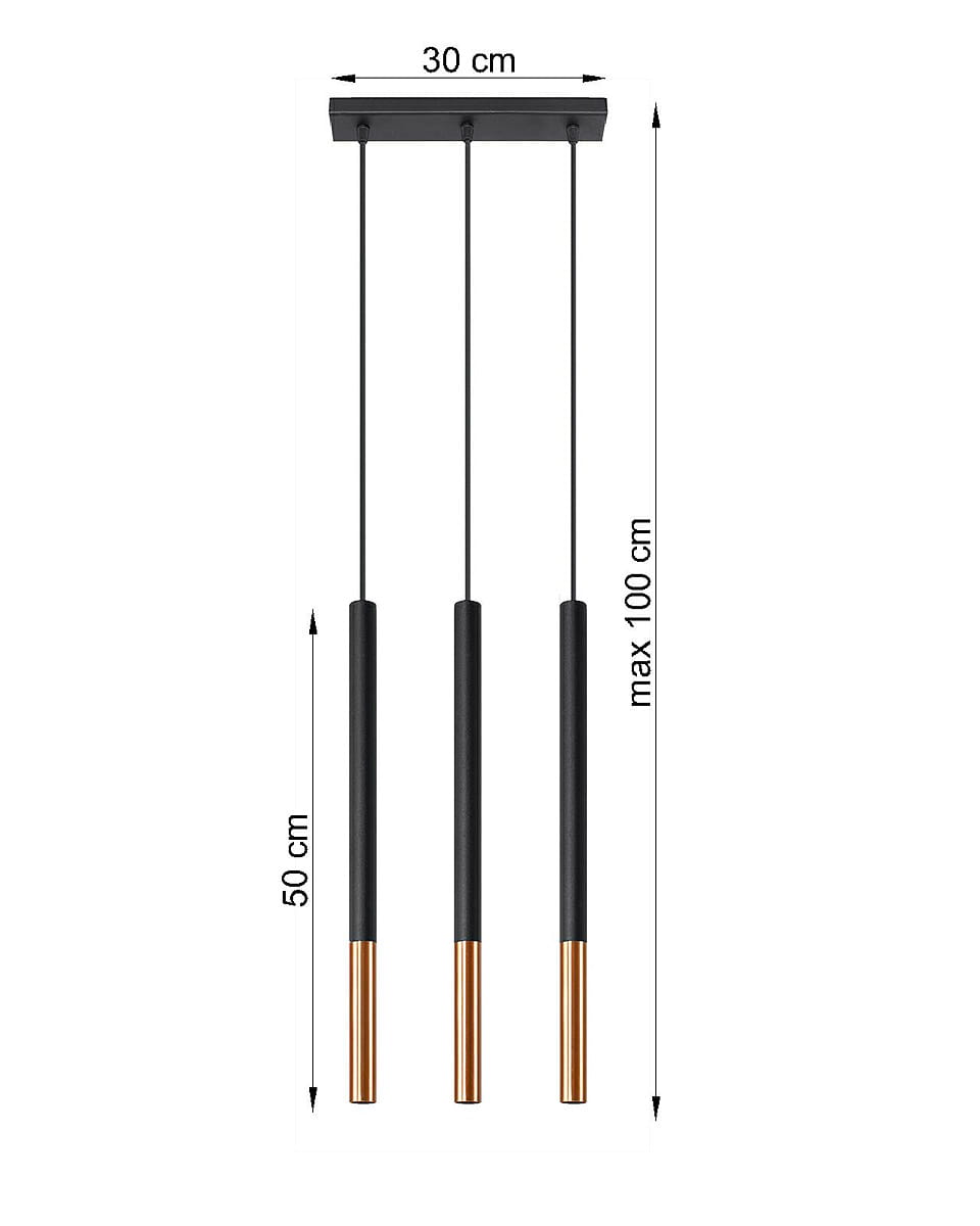 Lampa wisząca Mozaica 3-punktowa w kolorze czarnym i miedzianym. Składa się z trzech długich, cylindrycznych kloszy o długości 50 cm, zawieszonych na czarnym przewodzie. Szerokość podstawy to 30 cm, maksymalna wysokość zawieszenia to 100 cm.