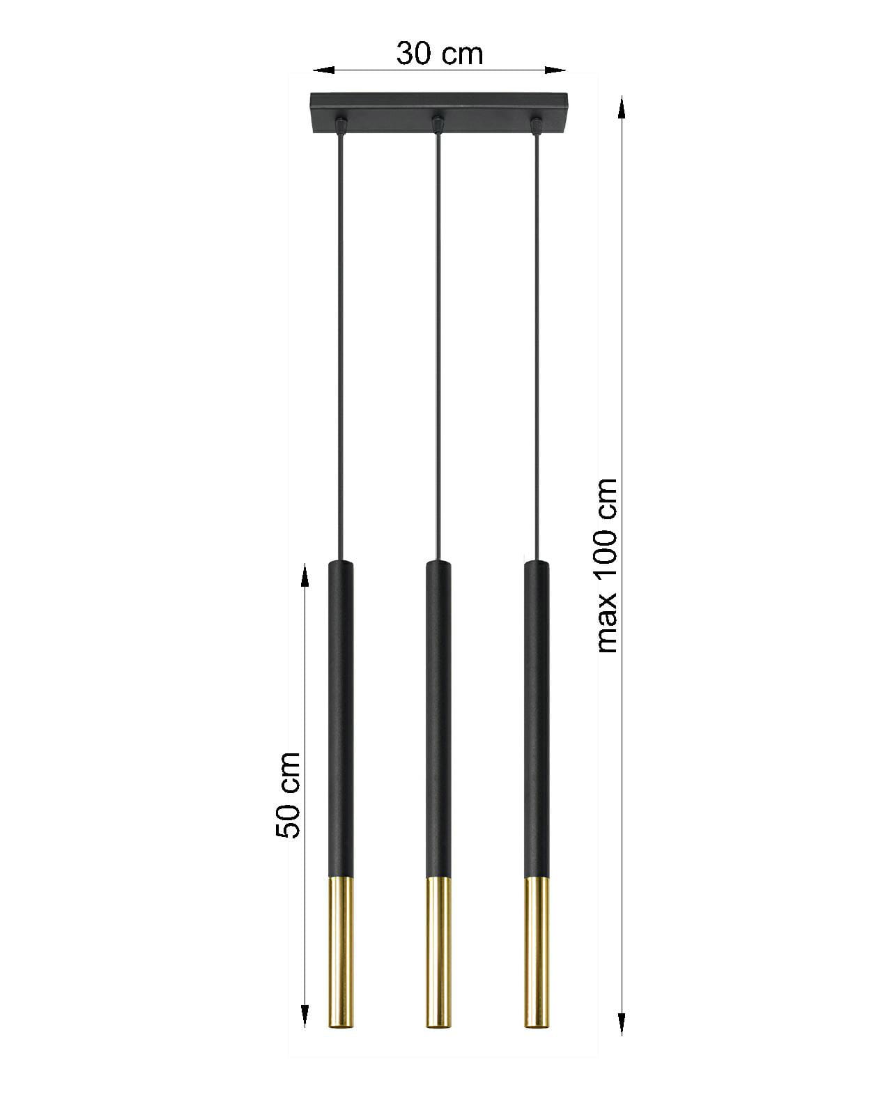 Czarna lampa wisząca 3-punktowa Mozaica z metalowymi złotymi detalami. Wymiary: długość 50 cm, maksymalna wysokość 100 cm, szerokość 30 cm. Prosty, nowoczesny design, idealna do aranżacji wnętrz.