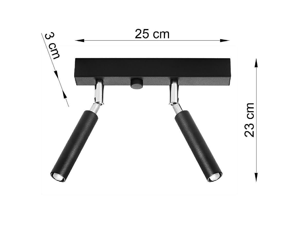 Czarna lampa sufitowa Eyetech, 2-punktowa. Wymiary: 25 cm szerokości, 23 cm wysokości, 3 cm głębokości. Prosta konstrukcja z metalowym kloszem i uchwytami w kolorze czarnym. Ujęcie frontalne, produkt zamontowany na ścianie.