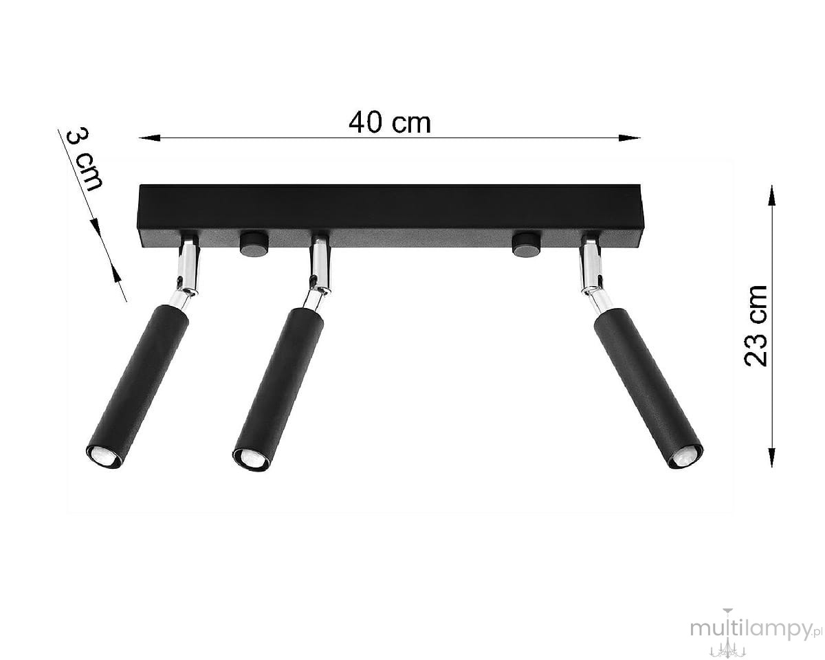 Czarna lampa sufitowa Eyetech z trzema punktami świetlnymi, o wymiarach 40 cm długości, 23 cm wysokości i 3 cm szerokości. Lampa ma metalową konstrukcję z chromowanymi elementami i regulowanymi ramionami dla kierunkowego oświetlenia.