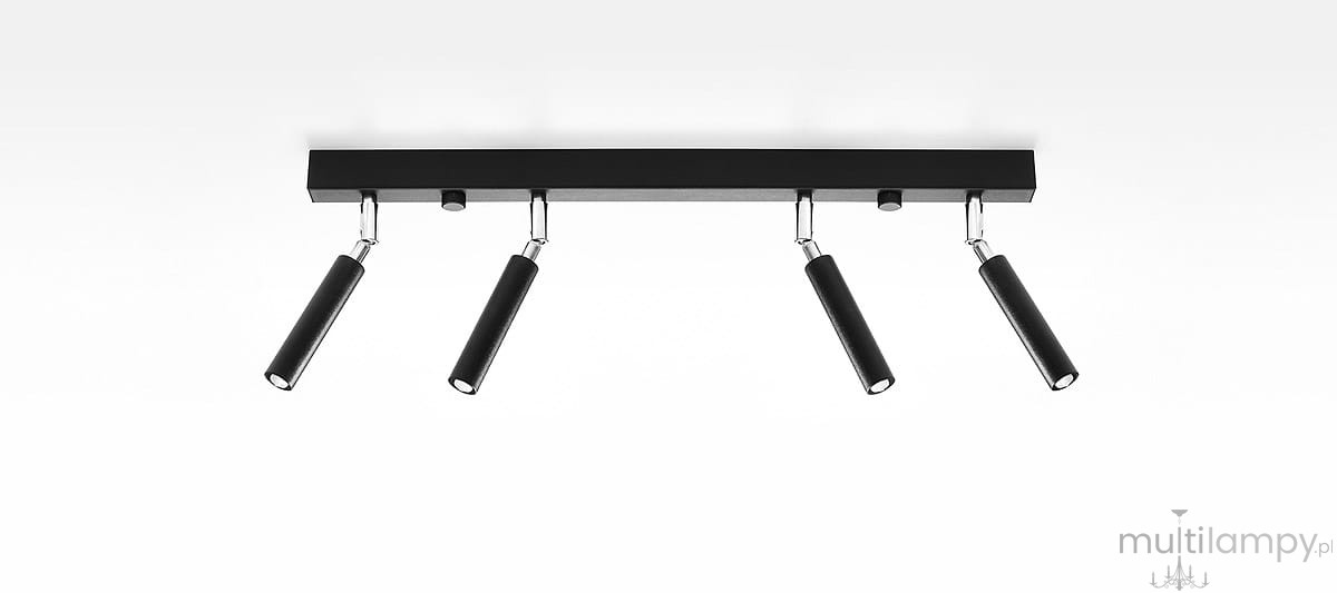 Czarna lampa sufitowa Eyetech (spot) 4-punktowa, zamontowana na prostokątnej podstawie. Posiada cztery ruchome reflektory z czarnymi uchwytami, przeznaczona do oświetlenia wnętrz. Produkt widoczny z góry na jednolitym tle.