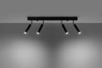 Czarna lampa sufitowa Eyetech z czterema punktami świetlnymi, zamontowana na prostokątnej podstawie. Spoty o cylindrycznym kształcie, skierowane w dół, emitują jasne światło. Produkt umieszczony na szarym tle, w pozycji poziomej.