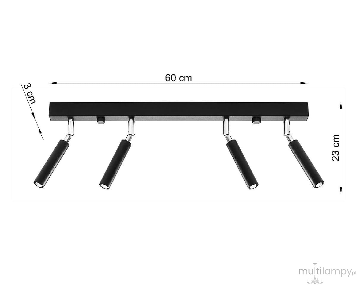 Czarna lampa sufitowa Eyetech SL.0900 z czterema punktami świetlnymi. Ułożona poziomo, z aluminiowym stelażem o długości 60 cm i wysokości 23 cm. Każdy reflektor ma czarną rączkę i chromowane mocowanie. Wysokość mocowania 3 cm.