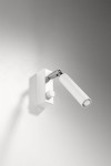 Kinkiet Eyetech w kolorze białym, montowany na ścianie, z prostokątną podstawą i okrągłym włącznikiem. Oświetlenie w formie wydłużonego, cylindrycznego klosza z metalowym wykończeniem, skierowane w dół. Prosty design, doskonały do nowoczesnych wnętrz.