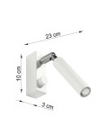 Kinkiet Eyetech 1-punktowy w kolorze białym, o wymiarach 23 cm wysokości, 10 cm szerokości i 3 cm głębokości. Posiada ruchomy, cylindryczny klosz oraz przycisk na obudowie. Montowany na ścianie, idealny do oświetlenia wnętrz.