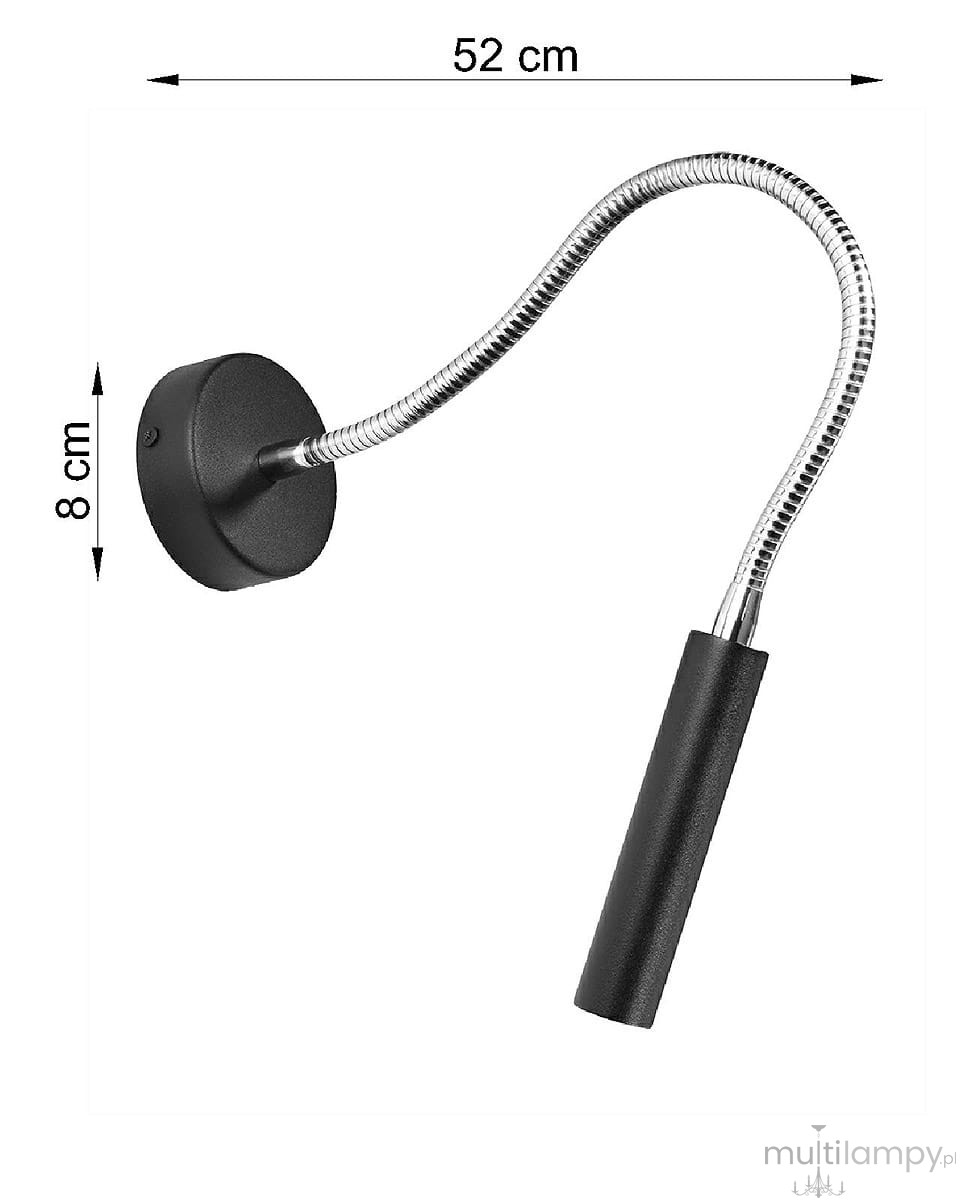 Axil kinkiet 1-punktowy w kolorze czarnym, z elastycznym ramieniem o długości 52 cm i wysokości podstawy 8 cm. Wspornik okrągły, metalowy, z prostą, cylindryczną oprawą. Idealny do nowoczesnych wnętrz.