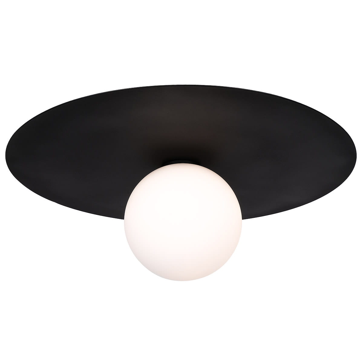 Lampa sufitowa Cape Town 1-punktowa, czarna, z dużym białym kloszem w kształcie kuli, umieszczona na okrągłej, matowej podstawie. Produkt widoczny w ujęciu z dołu, podkreślający minimalistyczny design i nowoczesny charakter.