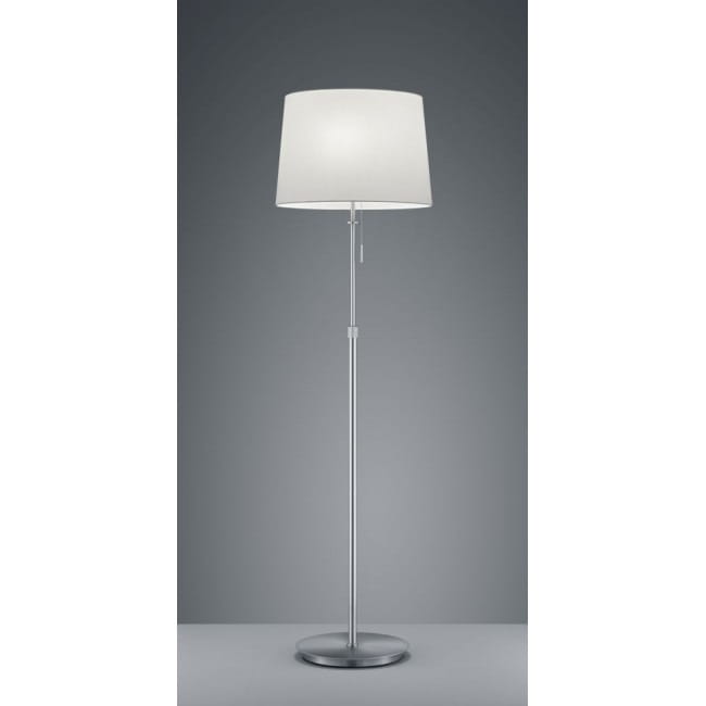 Lampa podłogowa Lyon 3-punktowa w kolorze nikiel, z białym kloszem w kształcie stożka. Produkt stojący, z metalową podstawą i regulowaną wysokością, widoczny na szarym tle. Włącznik na przewodzie.