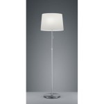 Lampa podłogowa Lyon 3-punktowa w kolorze nikiel, z białym kloszem w kształcie stożka. Produkt stojący, z metalową podstawą i regulowaną wysokością, widoczny na szarym tle. Włącznik na przewodzie.