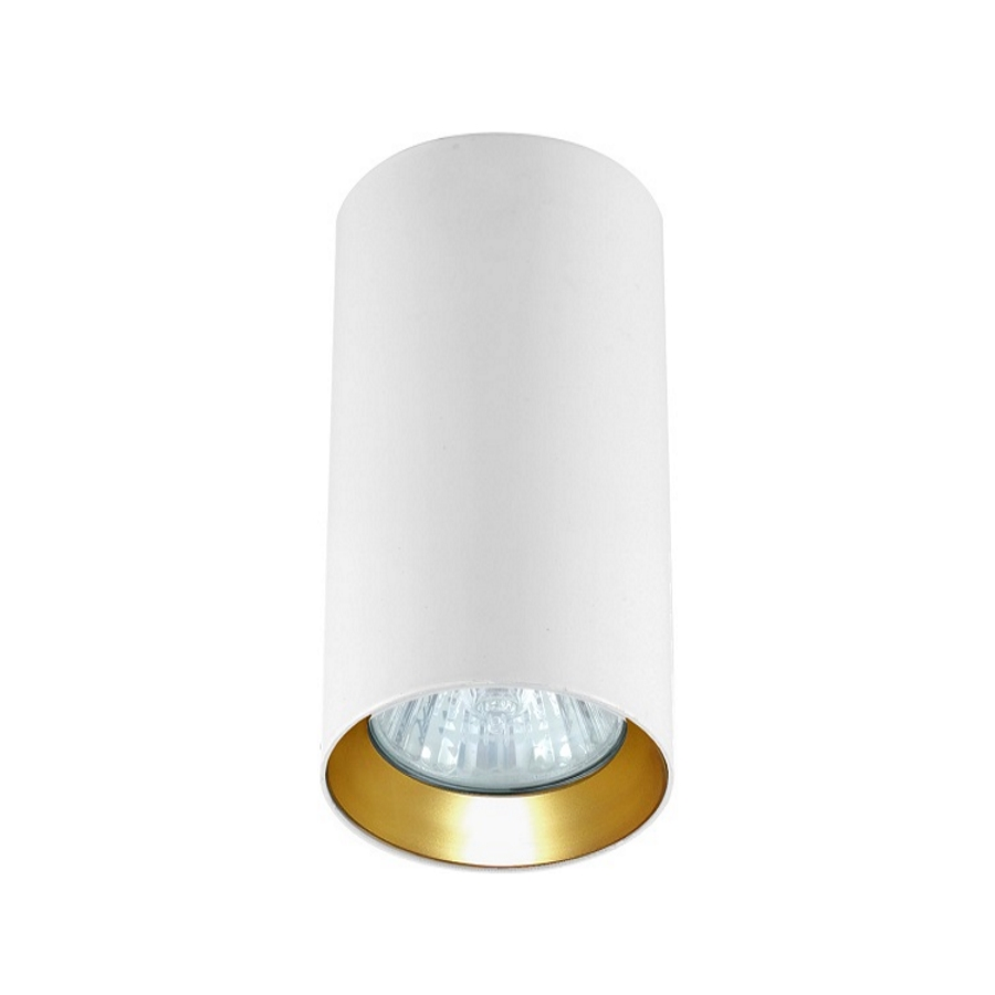 Lampa sufitowa Manacor H13 w kolorze białym z złotym wykończeniem, o cylindrycznym kształcie. Ujęcie z boku, ukazujące wewnętrzną część z lampą LED. Produkt zamontowany na suficie, idealny do oświetlenia wnętrz.