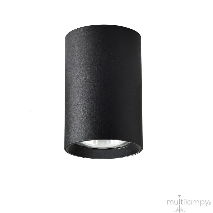 Czarna lampa sufitowa Manacor H9 1-punktowa, o cylindrycznym kształcie, z matowym wykończeniem. Ujęcie z przodu, ukazujące źródło światła w dolnej części. Przeznaczona do montażu na suficie, idealna do nowoczesnych wnętrz.