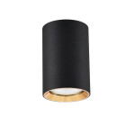 Lampa sufitowa Manacor H9 w kolorze czarnym z złotym wykończeniem, o cylindrycznym kształcie, montowana na suficie. Widoczna żarówka w środku, podkreślona złotą oprawą. Produkt w pozycji wiszącej, na jednolitym tle.