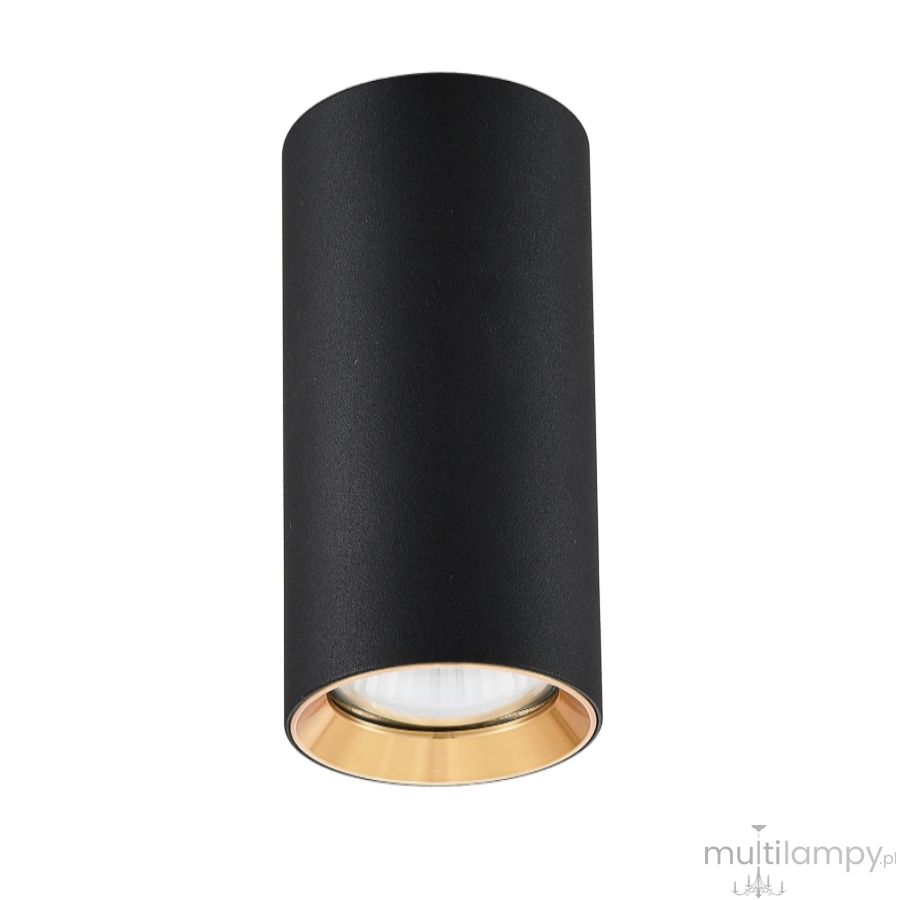 Lampa sufitowa Manacor H17, 1-punktowa, o cylindrycznym kształcie, w kolorze czarnym z metaliczną złotą obręczą. Zawieszona w pozycji wiszącej, z widocznym źródłem światła na dole. Idealna do nowoczesnych wnętrz.