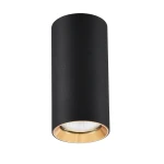 Lampa sufitowa Manacor H17, 1-punktowa, o cylindrycznym kształcie, w kolorze czarnym z metaliczną złotą obręczą. Zawieszona w pozycji wiszącej, z widocznym źródłem światła na dole. Idealna do nowoczesnych wnętrz.