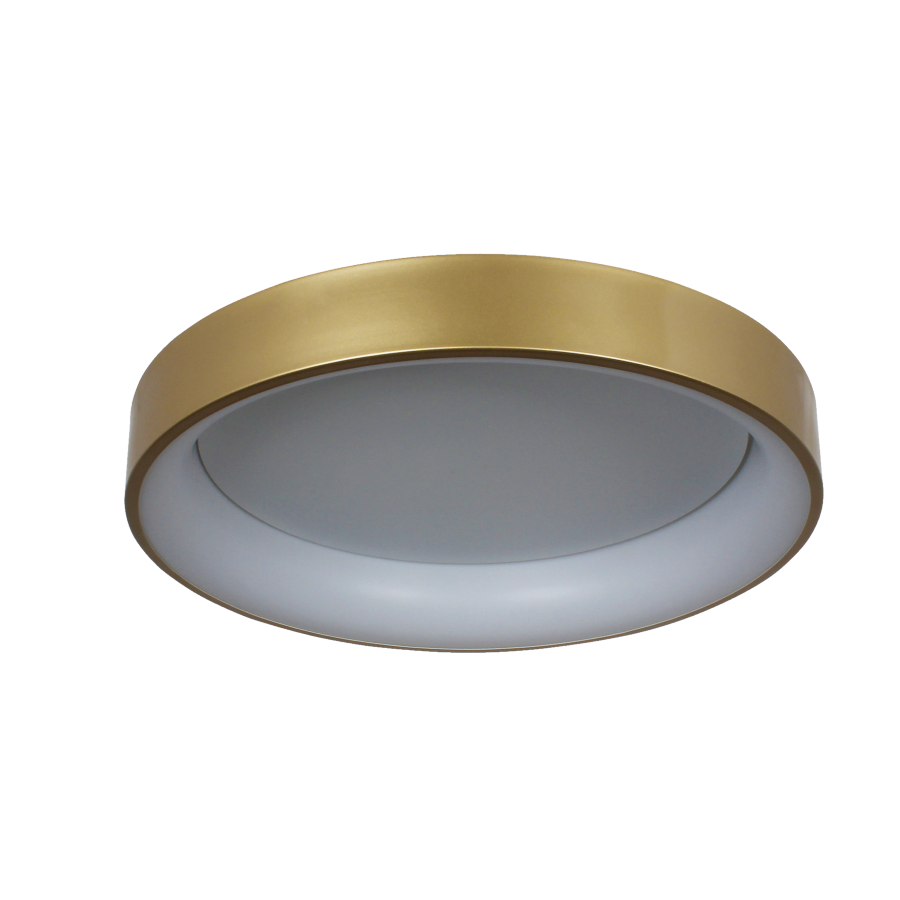 Plafon LED Georgia D60 w kolorze złotym, okrągły, z białym kloszem. Ujęcie frontalne, produkt zamontowany na suficie. Gładka, matowa powierzchnia z eleganckim wykończeniem. Idealny do nowoczesnych wnętrz.