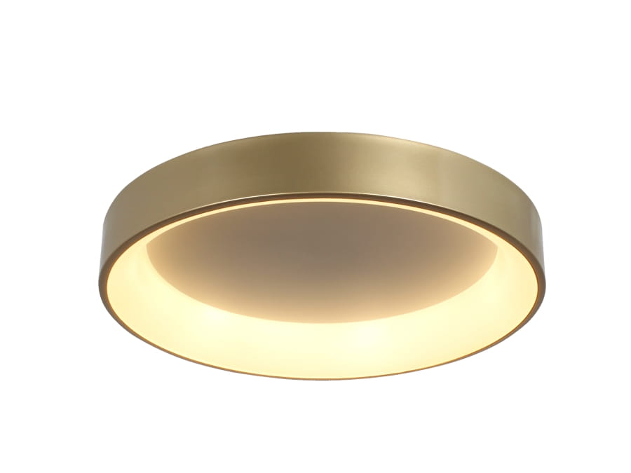 Plafon LED Georgia D60 w złotej oprawie, okrągły kształt, umieszczony w pozycji wiszącej. Emituje ciepłe światło, matowa powierzchnia z widocznym okrągłym kloszem. Prosty design, doskonały do nowoczesnych wnętrz.