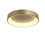 Plafon LED Georgia D60 w złotej oprawie, okrągły kształt, umieszczony w pozycji wiszącej. Emituje ciepłe światło, matowa powierzchnia z widocznym okrągłym kloszem. Prosty design, doskonały do nowoczesnych wnętrz.