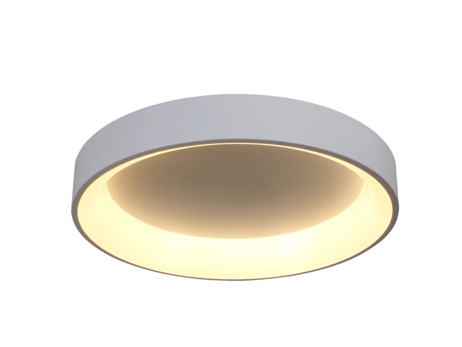 Plafon LED Georgia D60 w kolorze białym, okrągły, z matową powierzchnią. Ujęcie z dołu, ukazujące przyjemne, ciepłe światło emitowane przez wewnętrzny pierścień. Produkt jest montowany sufitowo, doskonały do nowoczesnych wnętrz.
