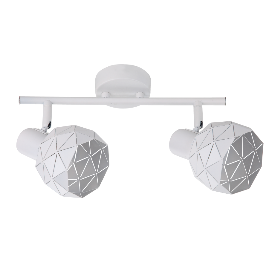 Biała lampa sufitowa Reus LP-8069/2WS WH z dwoma punktami świetlnymi w kształcie sześciokątów, z dekoracyjnym wzorem. Umożliwia regulację kąta świecenia, montowana na prostokątnej podstawie. Idealna do nowoczesnych wnętrz.