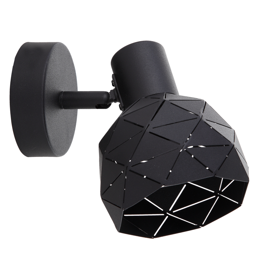 Czarny kinkiet 1-punktowy Reus LP-8069/1WS BK z geometryczną, ażurową czaszą. Uchwyt ścienny w formie okrągłej podstawy. Kąt ujęcia: frontalny, ukazujący detale wzoru oraz konstrukcję lampy. Idealny do nowoczesnych wnętrz.