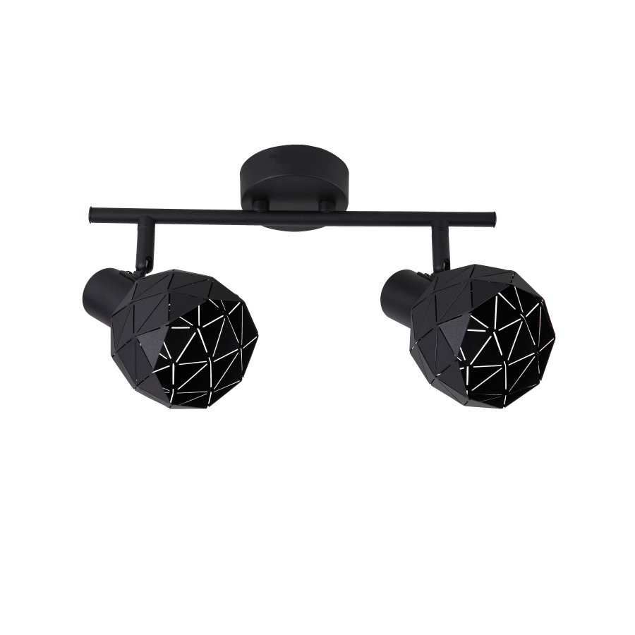 Czarna lampa sufitowa (spot) Reus LP-8069/2WS BK z dwiema geometrycznymi głowicami. Ułożona poziomo, z matowym wykończeniem i dekoracyjnymi wzorami, zamontowana na prostym uchwycie. Idealna do nowoczesnych wnętrz.