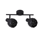 Czarna lampa sufitowa (spot) Reus LP-8069/2WS BK z dwiema geometrycznymi głowicami. Ułożona poziomo, z matowym wykończeniem i dekoracyjnymi wzorami, zamontowana na prostym uchwycie. Idealna do nowoczesnych wnętrz.