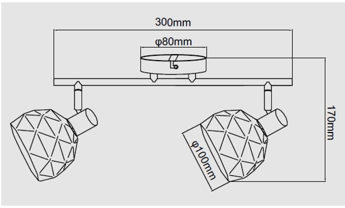 Czarna lampa sufitowa Reus LP-8069/2WS BK z dwoma punktami świetlnymi. Geometryczne klosze o średnicy 100 mm, umieszczone na prostokątnej podstawie długości 300 mm i wysokości 170 mm. Wymiary mocowania: średnica 80 mm.