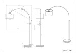 Lampa podłogowa 1-punktowa w kolorze białym. Stojąca konstrukcja z okrągłą podstawą o średnicy 300 mm. Wygięta oprawa z okrągłym kloszem. Wysokość regulowana od 1500 do 2150 mm. Widok frontalny oraz z boku, przedstawiający wymiary i detale.