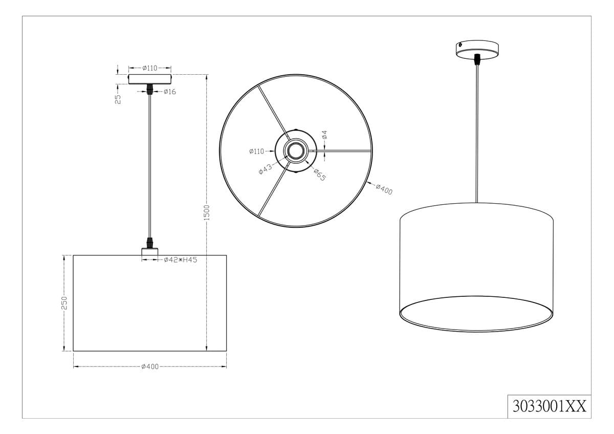 Czarna lampa wisząca 1-punktowa o cylindrycznym kształcie, średnica 40 cm, wysokość 25 cm. Zawieszona na cienkim przewodzie. Widoczne szczegóły konstrukcyjne i wymiary w rysunku technicznym.